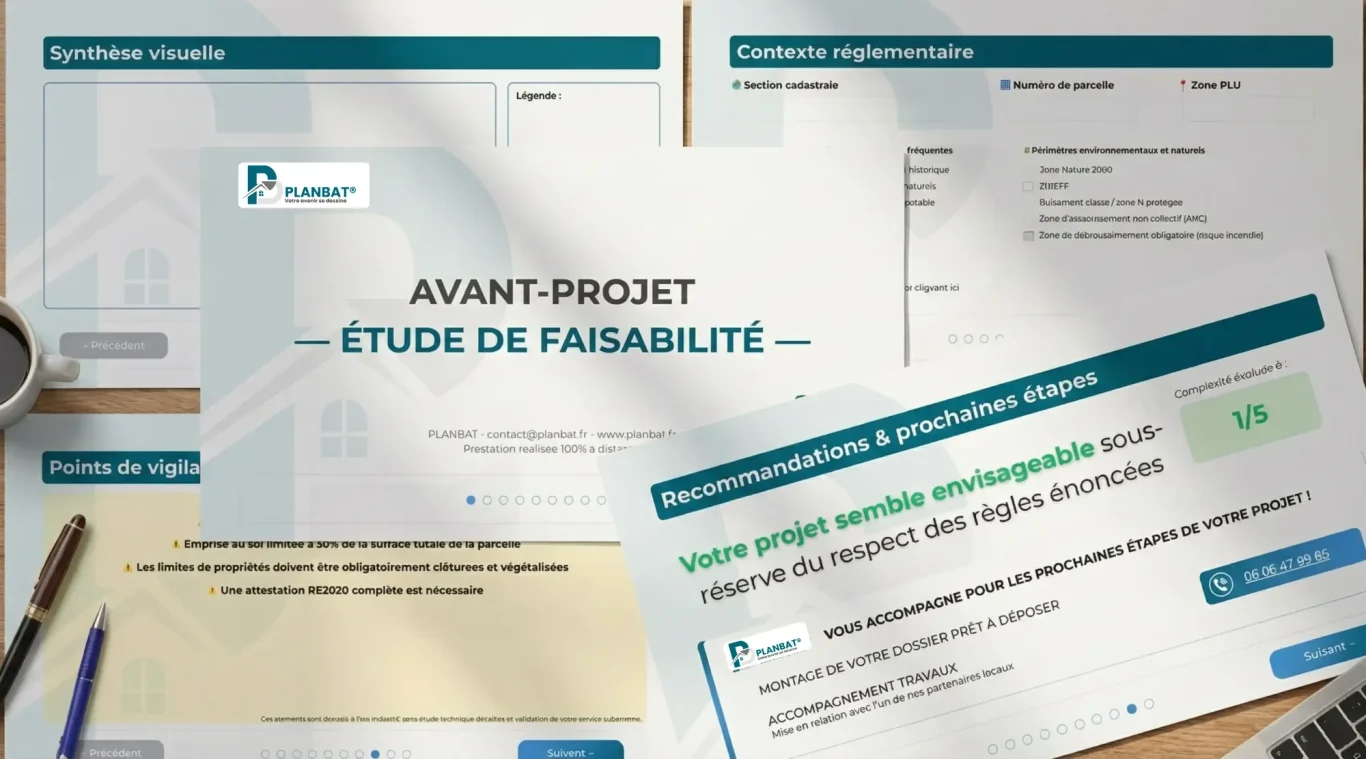 Validons la faisabilité de votre projet Documents de projet dispersés sur un bureau, incluant un rapport d'étude de faisabilité.