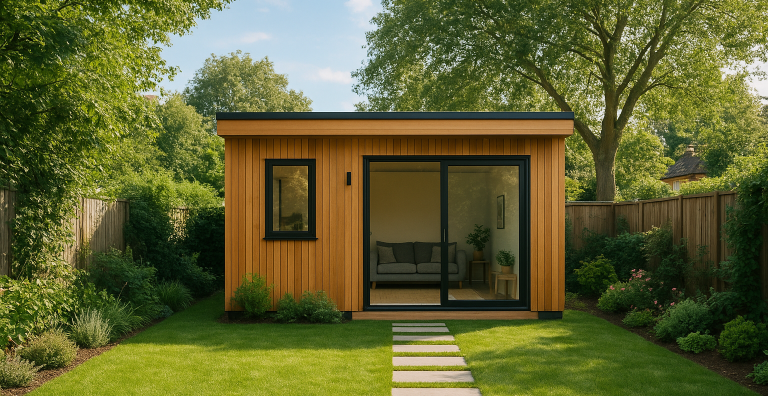 Maison de plain-pied avec façade en briques, garage et jardin soigné.