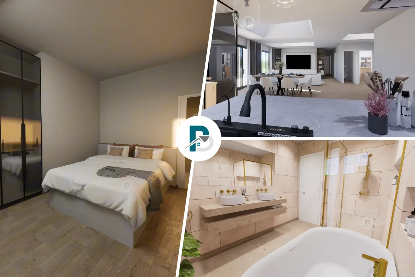 Rendus photoréaliste de votre projet Intérieur moderne divisé en deux : chambre et salle de bain élégante.