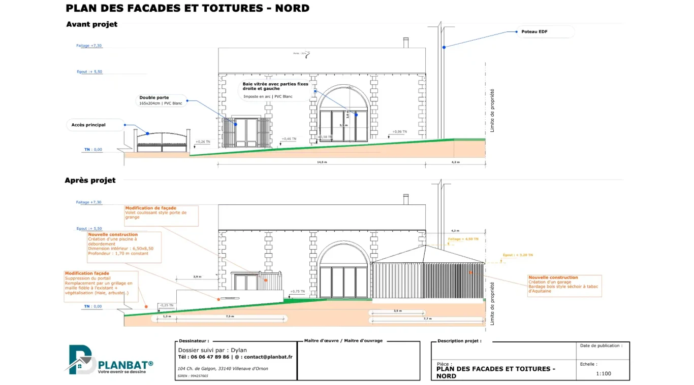 Plan des façades et toitures Plan architectural avec élévation de bâtiment et notes techniques.