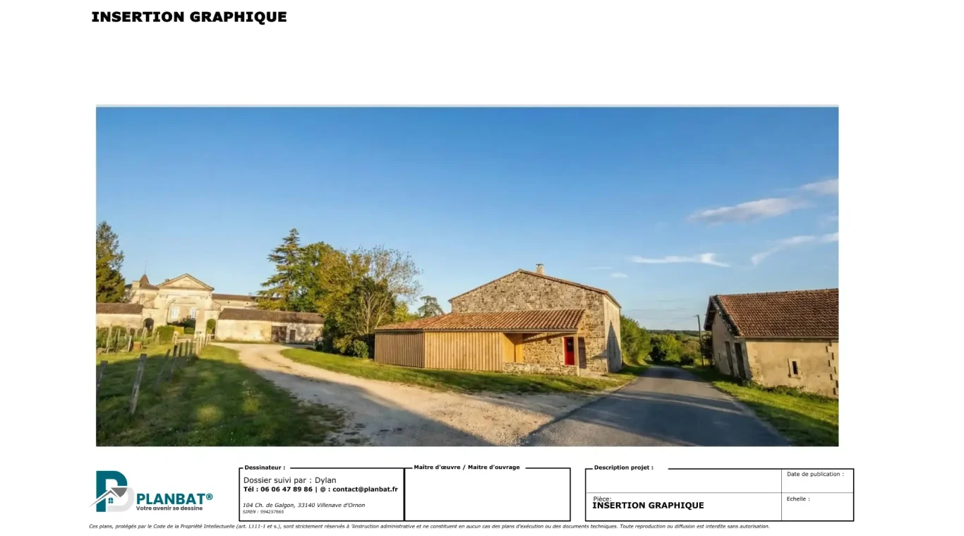 Insertion graphique d'un garage à Saint-Emilion Paysage rural avec des bâtiments en pierre et un chemin entouré d'herbe. Lumière douce du matin.