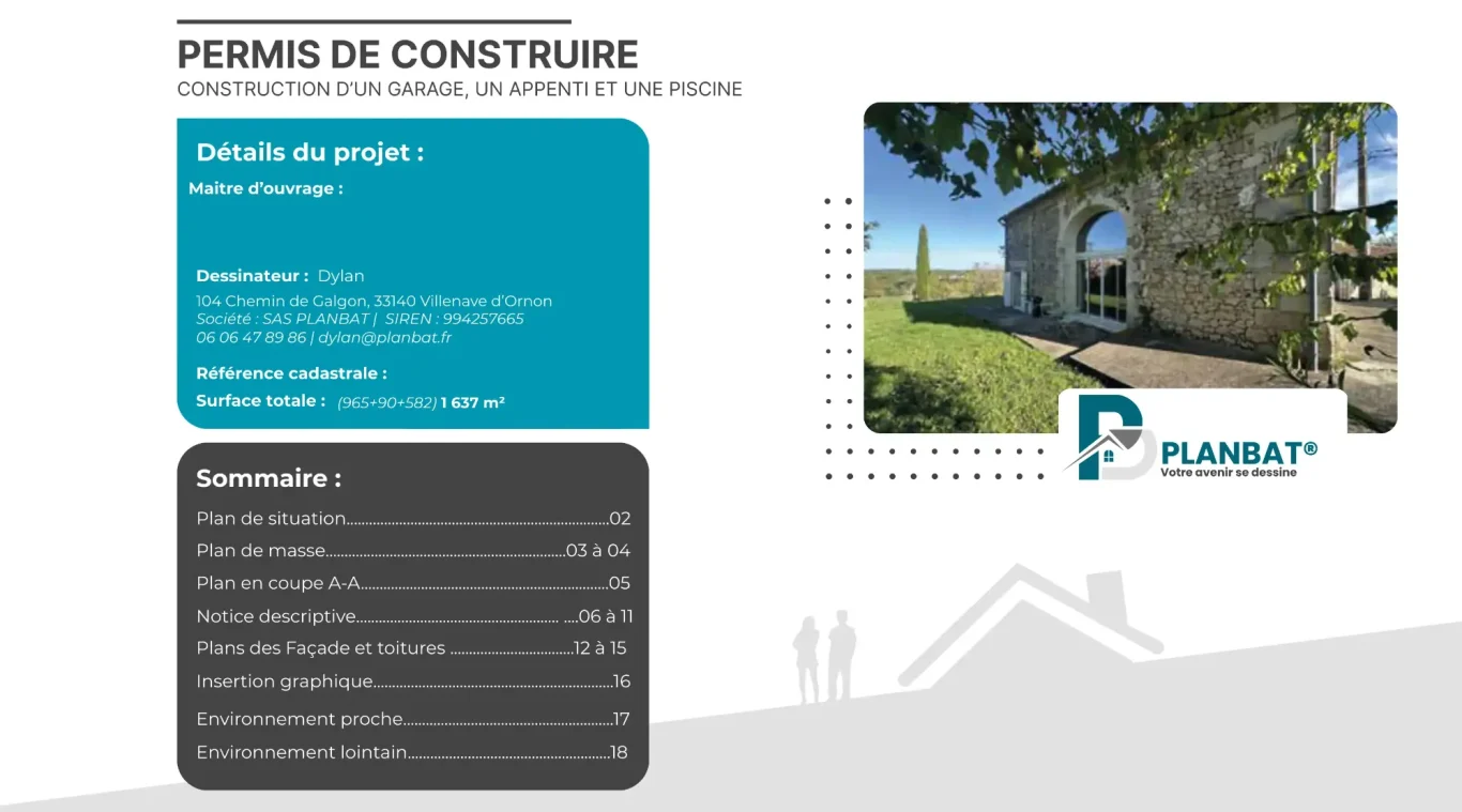 Dossier permis de construire garage Document de permis de construire avec un plan et une photo d’un mur en pierre.